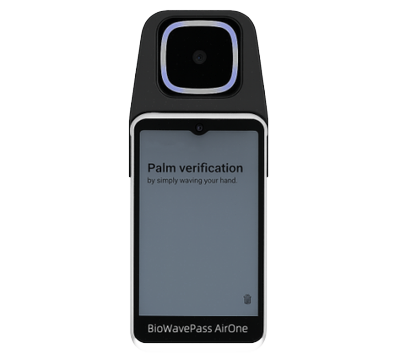 AirOne mobile POS terminal with an integrated camera and palm scanner displaying palm verification