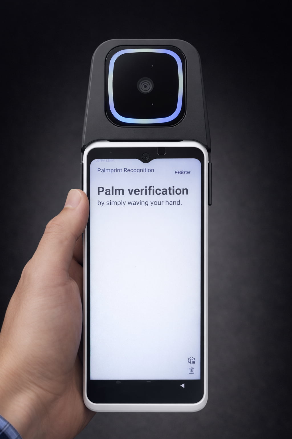 AirOne handheld palm vein POS terminal displaying the palm verification interface