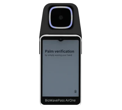 AirOne mobile POS terminal with an integrated camera and palm scanner displaying palm verification