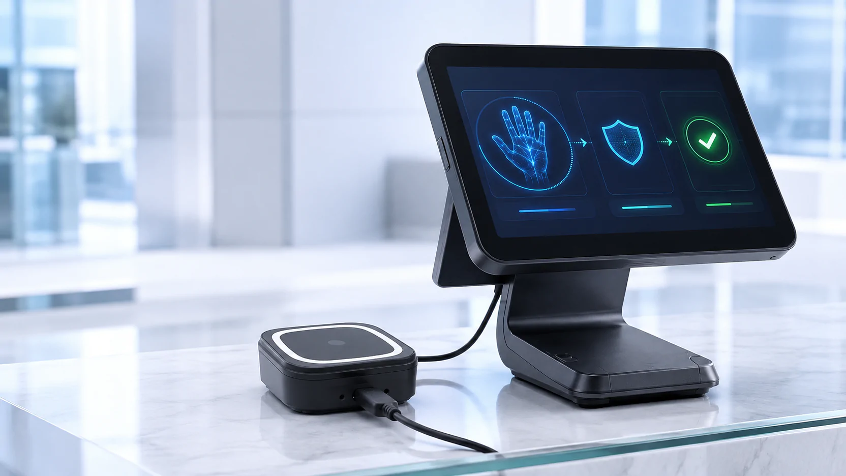 X-Telcom USB Palm Vein Scanner connected to a financial POS terminal showing identity confirmation and payment approval