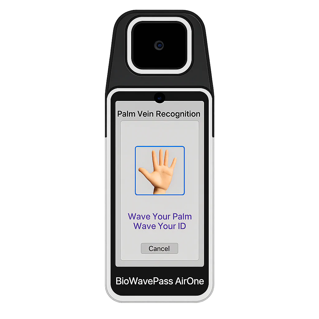 X-Telcom BioWavePass AirOne palm vein payment terminal showing the palm vein recognition screen