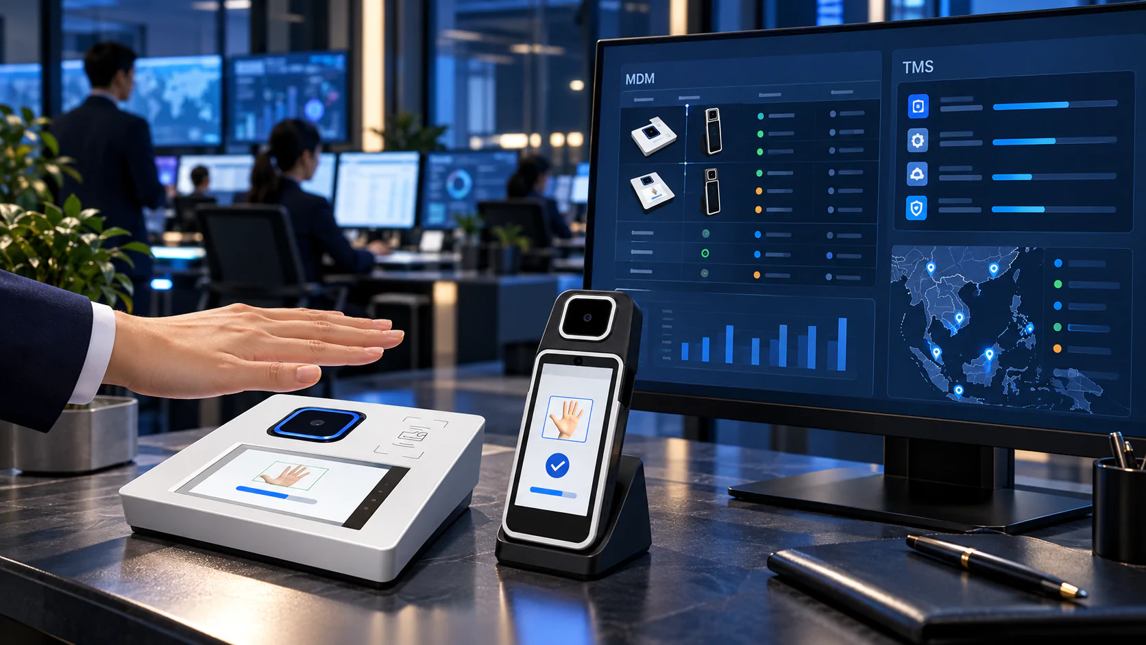 Conceptual fintech operations scene with palm vein terminals and MDM TMS fleet management dashboards