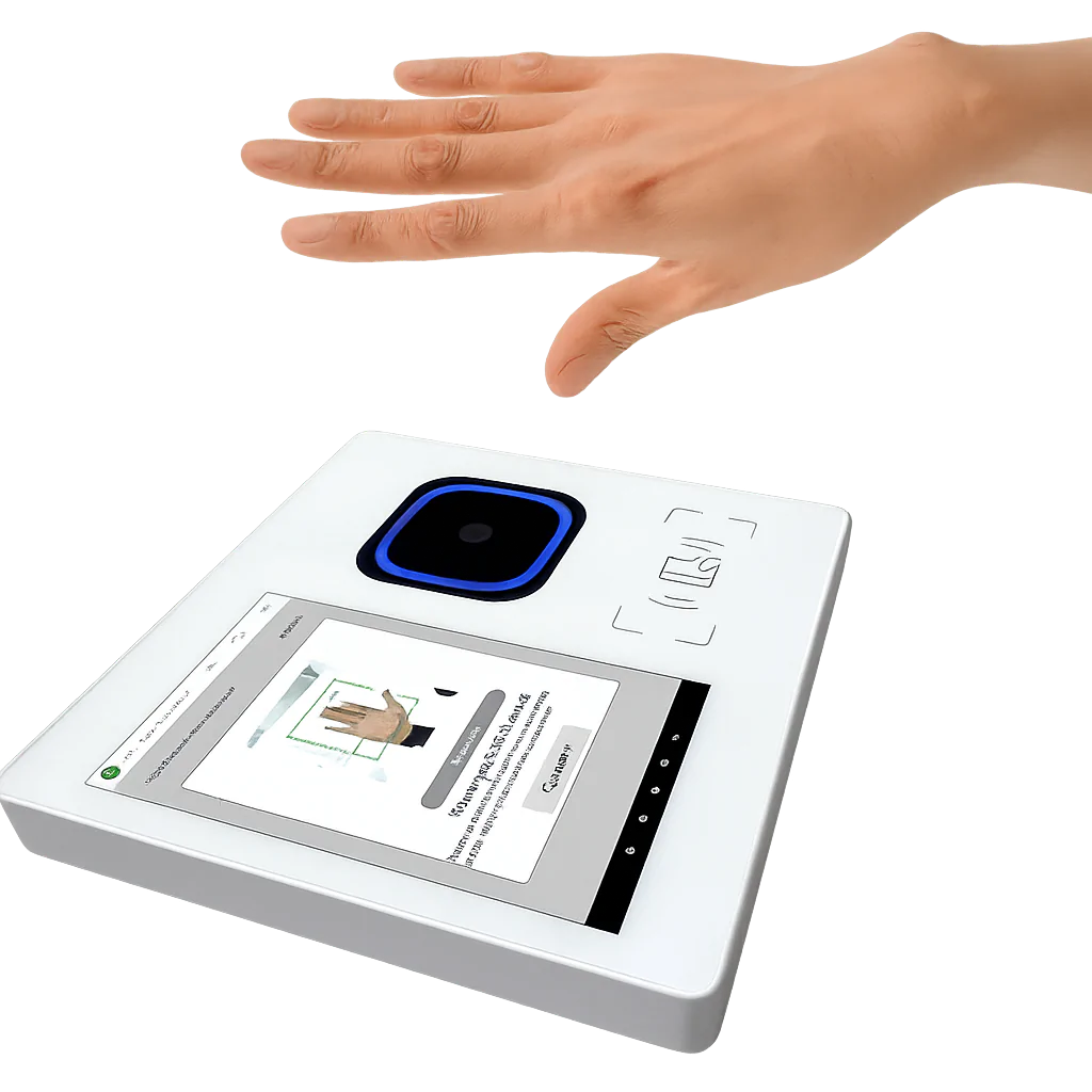 X-Telcom WavePass500 palm vein biometric terminal with a hand positioned above the reader